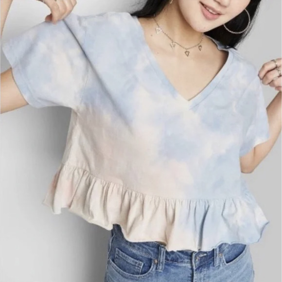 Wild Fable Pure Cotton Tie Dye Peplum V-Neck Short Sleeve Cropped Blouse - Picture 2 of 9